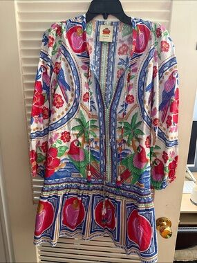 FARM Rio Tropical Parrot Mini Dress in White, Green, Red, Blue